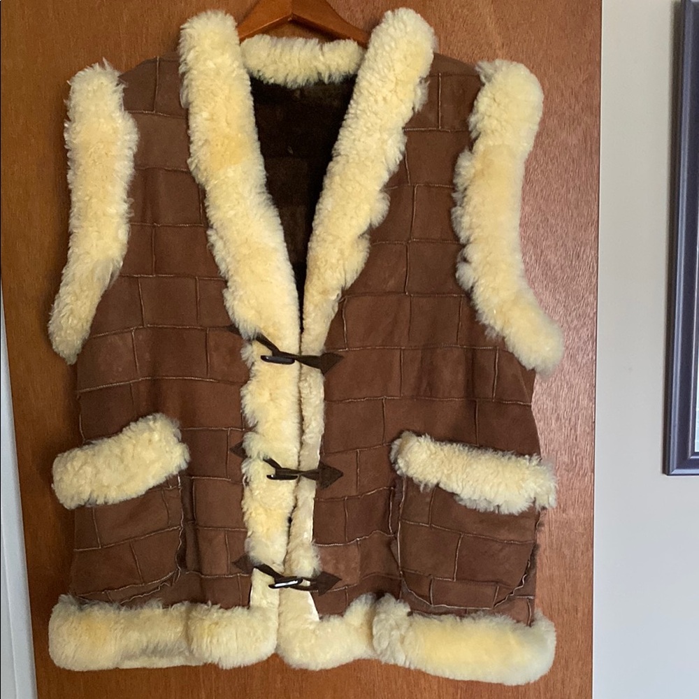 Brown Shearling Vest with Cream Trim